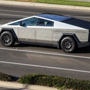 A Tesla Cybertruck on a highway