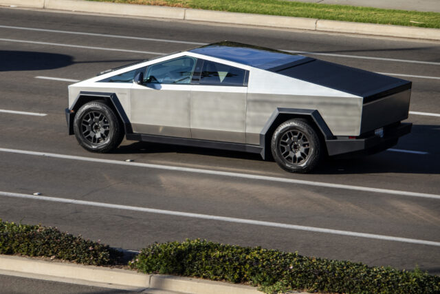 A Tesla Cybertruck on a highway