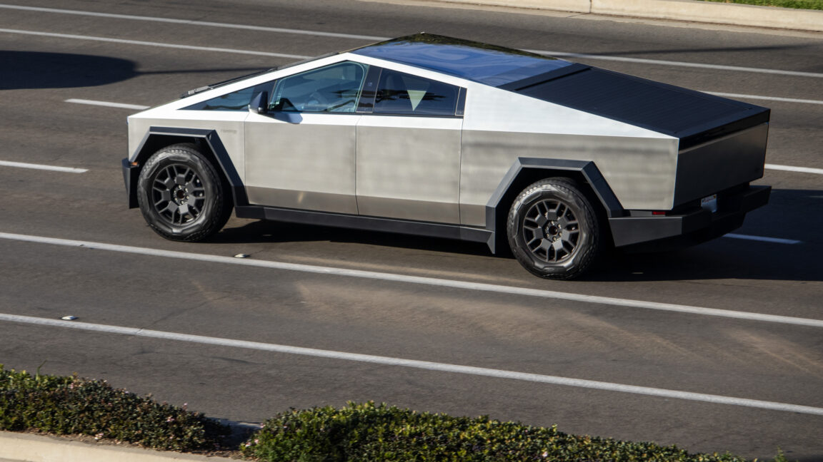 A Tesla Cybertruck on a highway