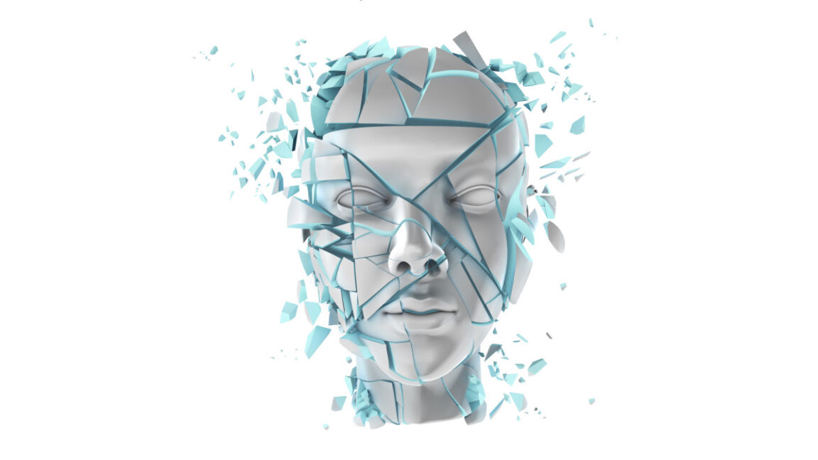 An illustration of a shattering robot head.