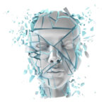 An illustration of a shattering robot head.