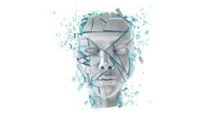 An illustration of a shattering robot head.