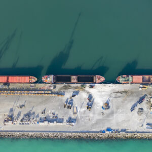 Aerial view of coal ships docked