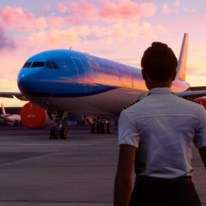 Person in pilot's uniform approaching a jetliner at sundown.