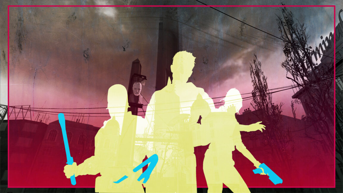 A screenshot of Half-Life 2 showing three characters in silhouette