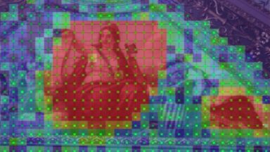 Detection color map of a fresco in the U.S. Capitol. Brighter colors indicate more vibration in the plaster, and therefore, a delamination.