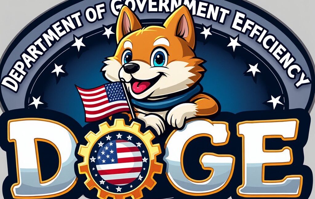 A logo with a cartoon dog, the word "DOGE," and the phrase "Department of Government Efficiency."