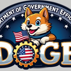 A logo with a cartoon dog, the word "DOGE," and the phrase "Department of Government Efficiency."