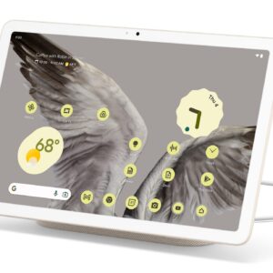 A Pixel Tablet, showing a bunch of yellow app icons and widgets, with bird wings as a background.