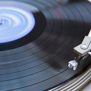 A music record playing on a turntable