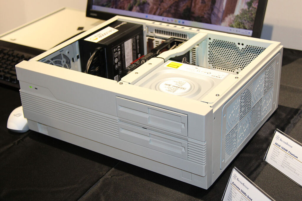 Top 3/4 view of the SLP-01 case, with PSU and graphics card showing.