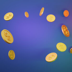 Gold Coins levitating with copy space in middle , 3D render