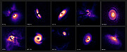 10 images of discs are laid out in two rows against a black background. The discs are coloured in shades of purple, orange and white. A black spot sits at the centre of each disc. From the top left to bottom right, the appearance of the discs is: long and curved with a break in the centre; oblong, tilted and sharp; amorphous and wispy; a ringed circle; an amorphous, large cloud; a top-down spiral; a small circle with extended wisps; almost circular; oblong, tilted and hazy.