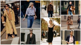 An eight image graphic of women wearing classic outfits at fashion week