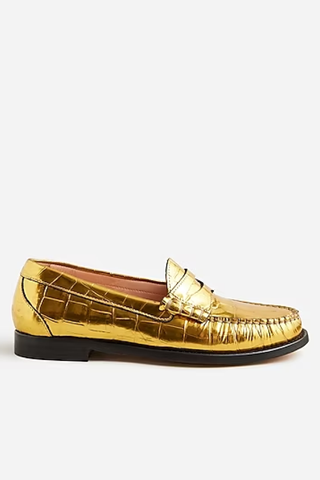 J.Crew Winona penny loafers in croc-embossed metallic leather