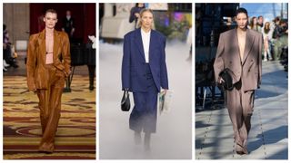 models wearing suits on the fall 2024 runways of LaQuan Smith, Marine Serre, and Stella McCartney