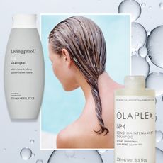 Image of woman with shampoo in wet hair and collage of shampoos from living proof and olaplex, overlaid bubble background