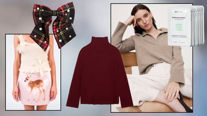 a collage of a skirt, bow, turtleneck, cashmere sweater, and gel masks 