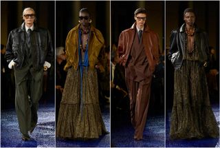 Four Saint Laurent Spring 2025 runway looks featuring leather bomber jackets: a woman in a gray suit with a black leather bomber jacket; woman in green skirt with a blue top and brown leather bomber jacket; woman wearing a brown suit and brown leather bomber jacket; and a woman in a green dress with a black leather bomber jacket.