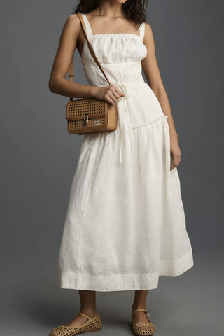  Square-Neck Linen Midi Dress