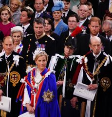 A large group of the royal family, including Duchess Sophie, Prince Edward, Prince Harry, Princess Eugenie, Mike Tindall and Princess Anne standing up in church at King Charles's coronation 