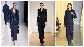 models wearing suits on the fall 2024 runways of Giorgio Armani, Givenchy, and Sandy Liang