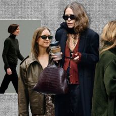 A graphic collage of the Olsen tuck trend featuring Mary-Kate Olsen with her hair tucked in a scarf, fashion week guests with hair inside sweaters, Phoebe Philo, and two models.