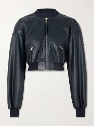 Nina Woven Cropped Recycled-Faux Leather Bomber Jacket