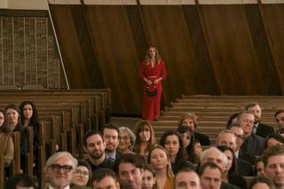 Netflix Nobody Wants This scene where Joanne wears a matching red set to synagogue