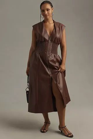 The Tommie Cap-Sleeve Smocked Front-Zip Shirt Dress: Faux-Leather Edition