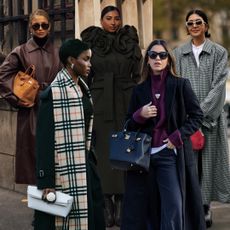 women wearing rich-looking outfits (leather trench coats, burberry scarfs, collared coats,, checked coats)