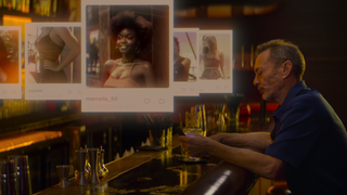 a man sits at a bar and looks at his phone, as dating profiles are projected in front of him, in a still from 'Ashley Madison: Sex, Lies, and Scandal'