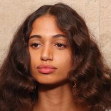 model with blown out hair after using a hair dryer brush