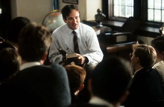 Robin Williams teaching a class in a scene from 'Dead Poets Society'