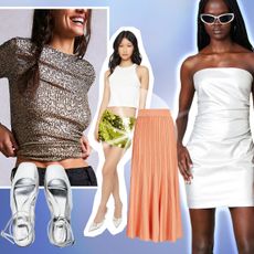 models wearing the metallic trend of 2023: metallic skirts, tops, and shoes