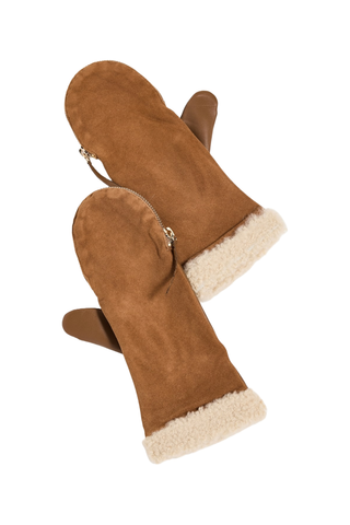 Carolina Amato Shearling Cuff Suede Back Zipper Mittens