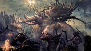 lord of the rings 2024 animated movie image with a monster carrying fighters with bow and arrows on its back