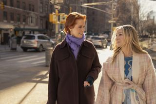 cynthia nixon and sarah jessica parker walking on the streets of new york in coats in and just like that