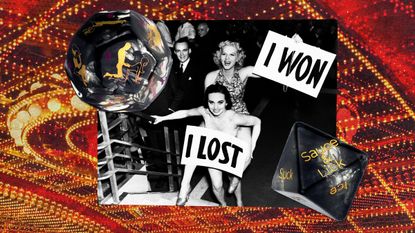 collage of dice with vintage photo of women holding signs that say &quot;I won&quot; and &quot;I lost&quot;