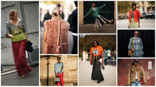 An eight image graphic of women at fashion week wearing maximalist outfits