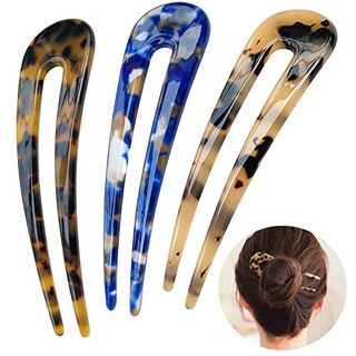 Hyfeel French Hair Forks Tortoise Shell U Shape Updo Hair Pins Clips for Thin Thick Hair, 4.3 Inch Classic Cellulose Acetate 2 Prong Bun Hair Sticks Chignon Women Vintage Hairstyle Accessories, 3 Pack