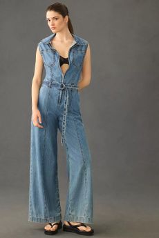 Denim Wide-Leg Short-Sleeved Jumpsuit