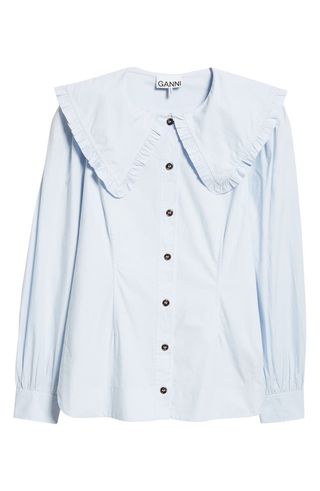 Organic Cotton Poplin Ruffle Peter Pan Collar Button-Up Shirt