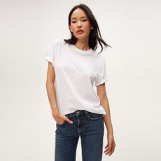 An image of a model wearing a White Tee from Karla Welch's Collaboration with Michael Stars