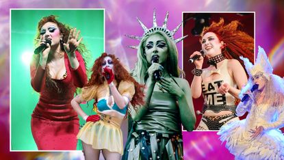 Images of Chappell Roan&#039;s tour outfits, including her dressed as Divine, the Statue of Liberty, and Swan Lake 