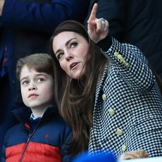 Prince George and Kate Middleton at the Guinness Six Nations Rugby match between England and Wales at Twickenham Stadium on February 26, 2022 in London, England.