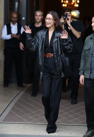 Bella Hadid is seen leaving her hotel on September 24, 2024 in Paris, France.