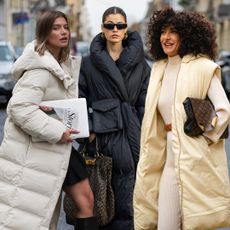 collage of women wearing puffer jackets and coats