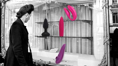 woman looking at storefront with different types of vibrators in the window