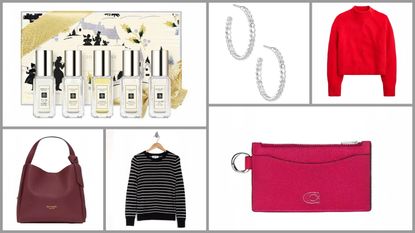 product collage of J.Crew Rollneck™ Sweater in Supersoft Yarn, Nordstrom Crewneck Cashmere Sweater, Jo Malone London Cologne Collection, Coach Zip Card Case, Kendra Scott Davis Small Hoop Earrings in Sterling Silver, Kate Spade Knott Medium Crossbody Tote on white background with grey border